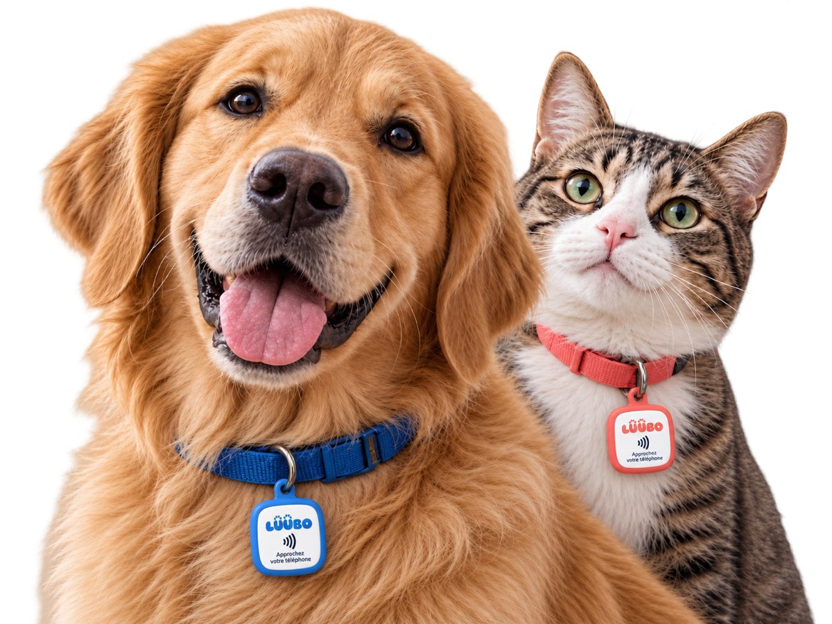 Un chien et un chat portant la médaille SerenTag à leur collier