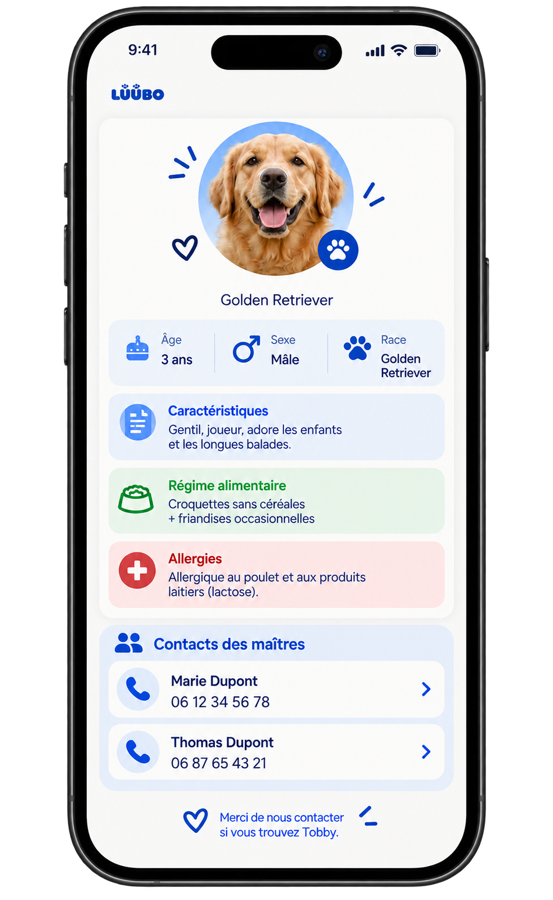 Le profil SerenTag affiché sur le téléphone de la personne qui a trouvé l'animal